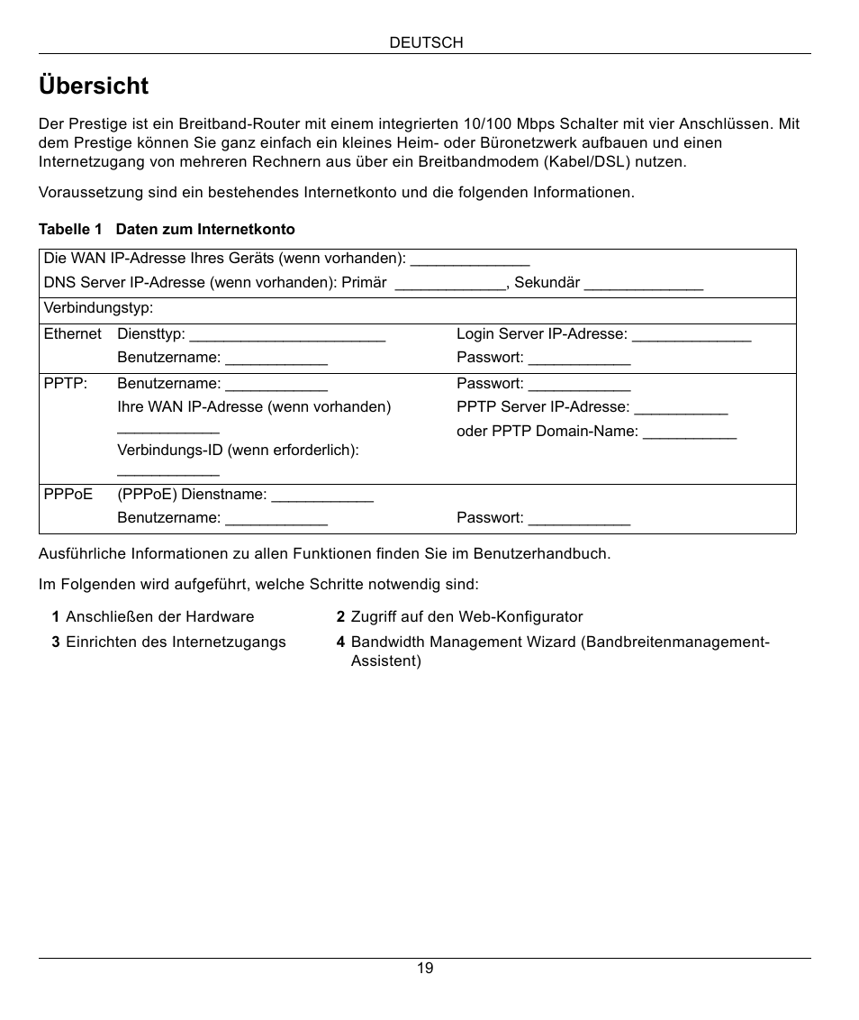 Deutsch, Übersicht | ZyXEL Communications 802.11G WIRELESS P-334WT User Manual | Page 19 / 112