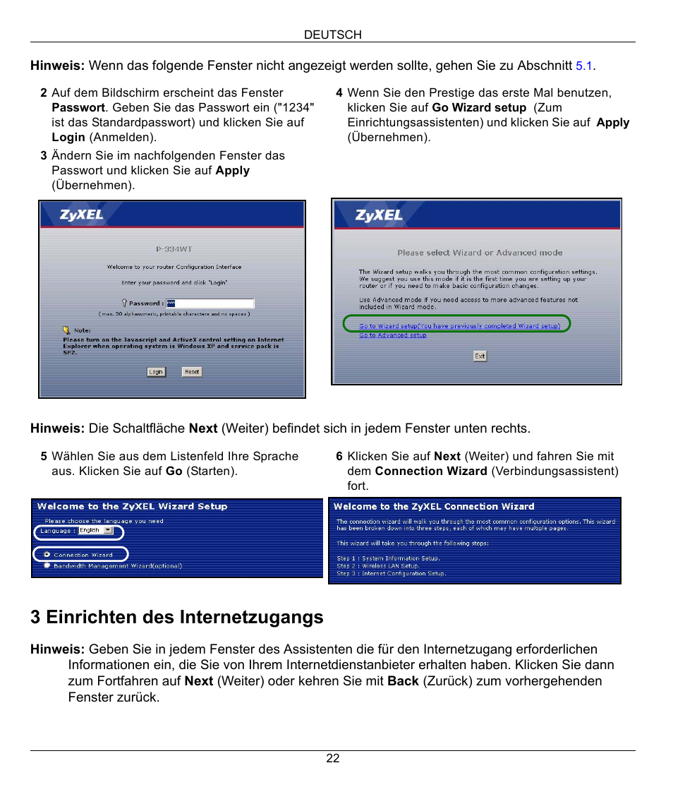 3 einrichten des internetzugangs | ZyXEL Communications 802.11G WIRELESS P-334WT User Manual | Page 22 / 112