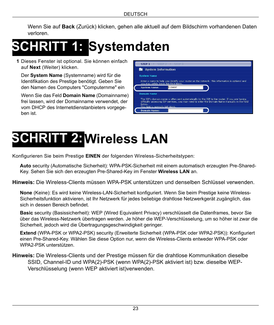 Systemdaten wireless lan, Schritt 1: schritt 2 | ZyXEL Communications 802.11G WIRELESS P-334WT User Manual | Page 23 / 112