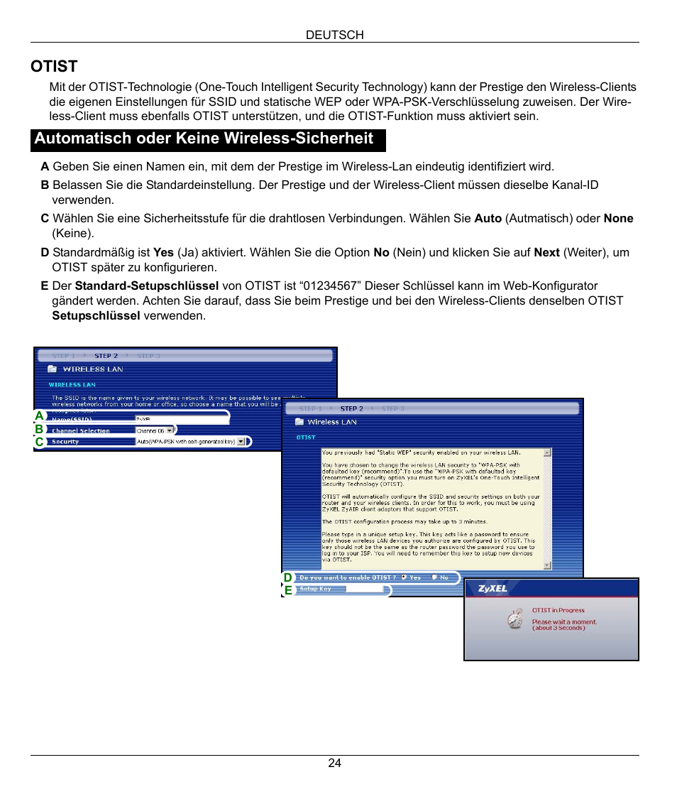 Otist, Automatisch oder keine wireless-sicherheit | ZyXEL Communications 802.11G WIRELESS P-334WT User Manual | Page 24 / 112