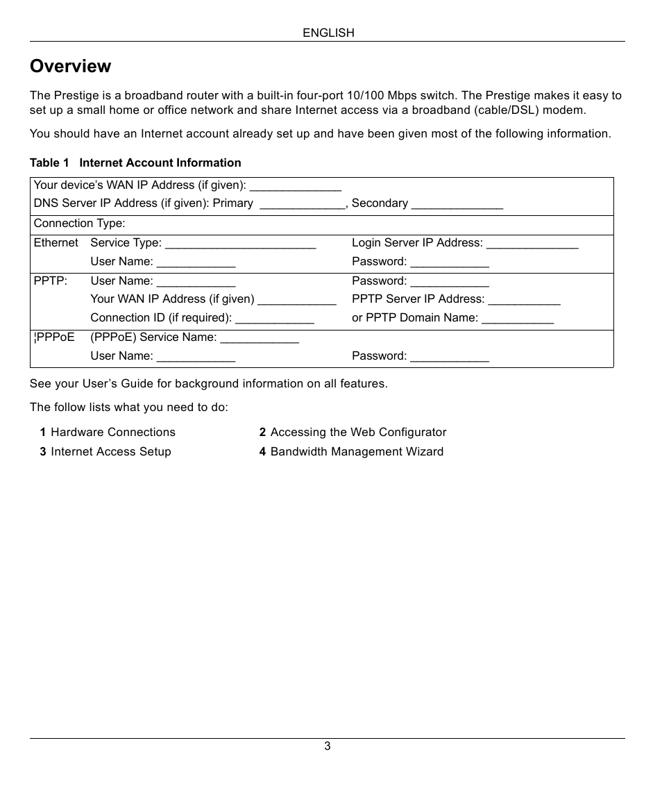 English, Overview | ZyXEL Communications 802.11G WIRELESS P-334WT User Manual | Page 3 / 112