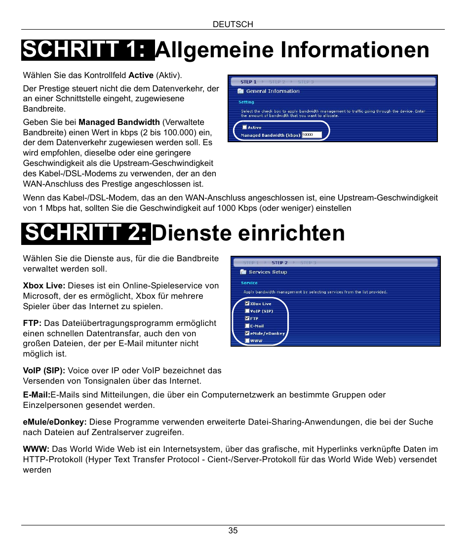 Allgemeine informationen dienste einrichten, Schritt 1: schritt 2 | ZyXEL Communications 802.11G WIRELESS P-334WT User Manual | Page 35 / 112