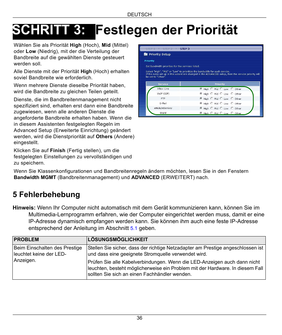 Festlegen der priorität, Schritt 3, 5 fehlerbehebung | ZyXEL Communications 802.11G WIRELESS P-334WT User Manual | Page 36 / 112