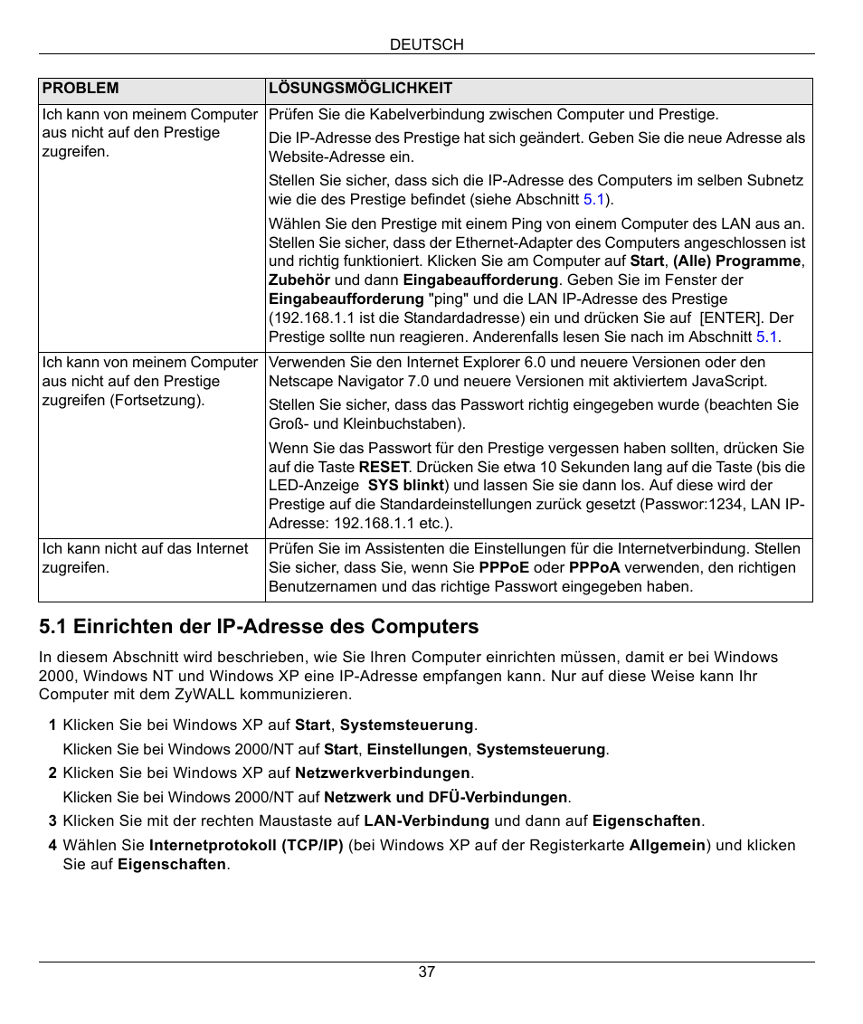1 einrichten der ip-adresse des computers | ZyXEL Communications 802.11G WIRELESS P-334WT User Manual | Page 37 / 112
