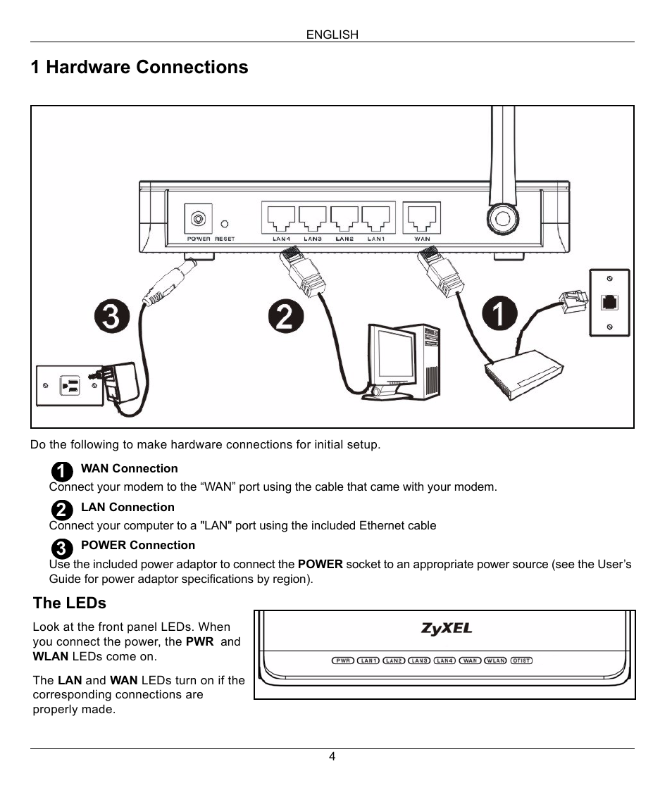 1 hardware connections | ZyXEL Communications 802.11G WIRELESS P-334WT User Manual | Page 4 / 112