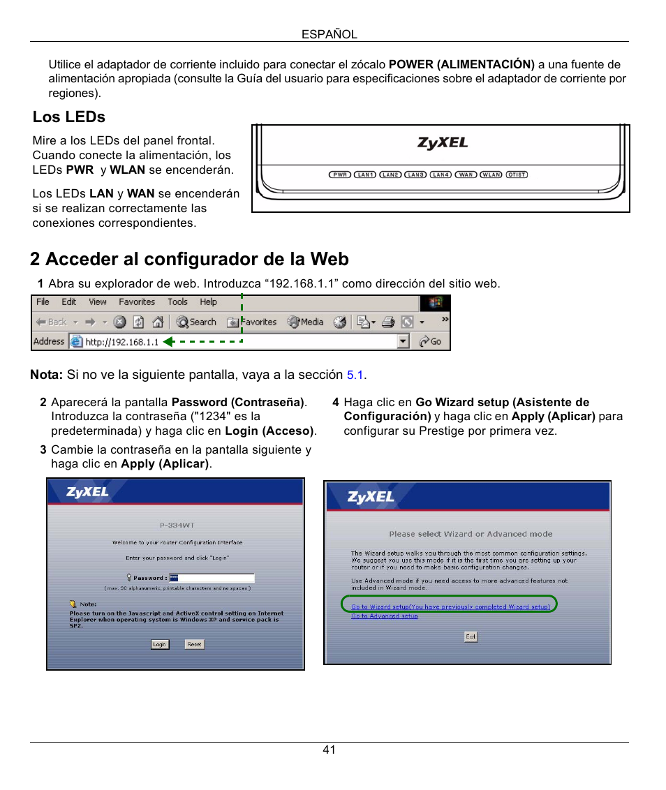 2 acceder al configurador de la web, Los leds | ZyXEL Communications 802.11G WIRELESS P-334WT User Manual | Page 41 / 112
