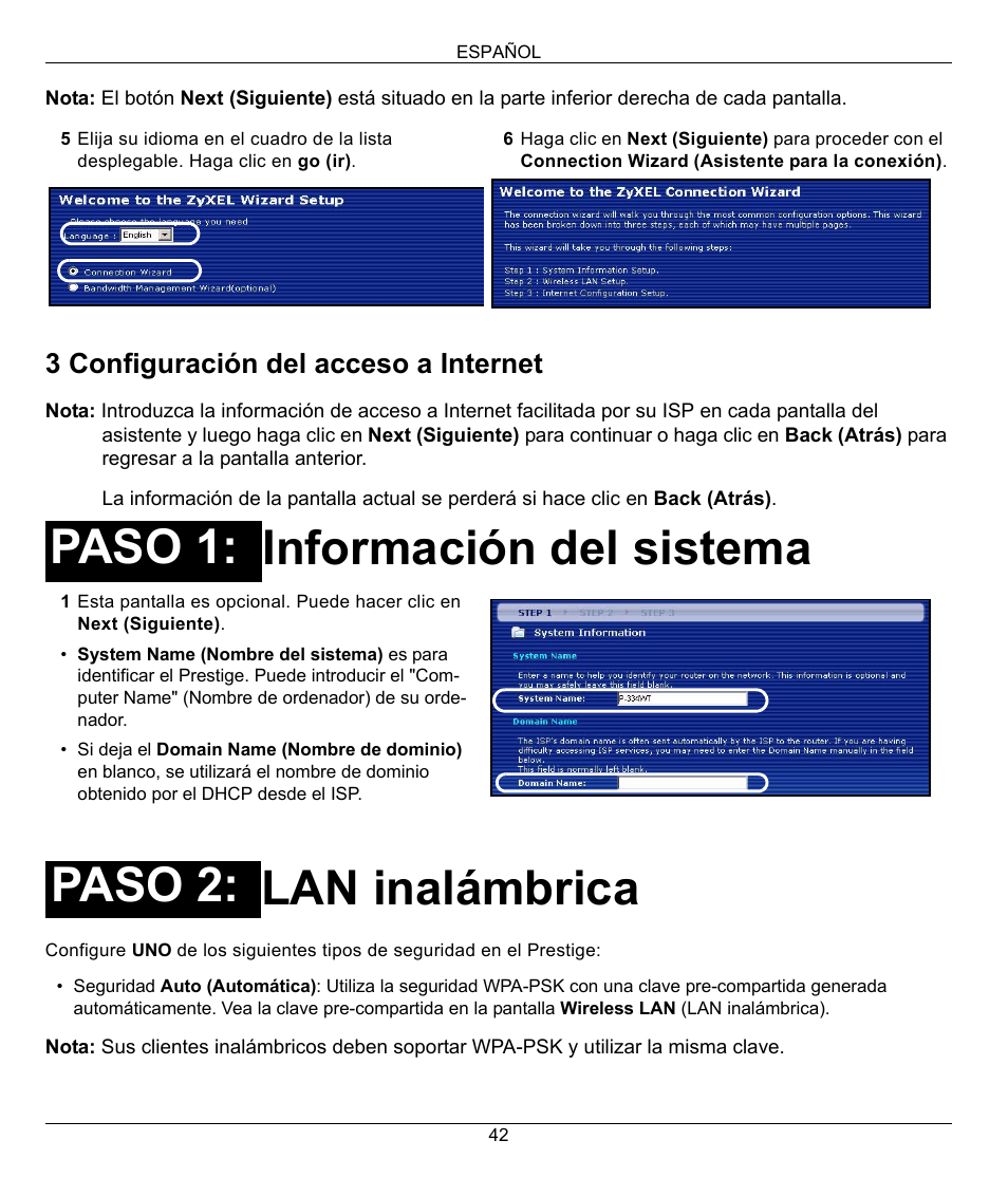 Información del sistema lan inalámbrica, Paso 1: paso 2, 3 configuración del acceso a internet | ZyXEL Communications 802.11G WIRELESS P-334WT User Manual | Page 42 / 112