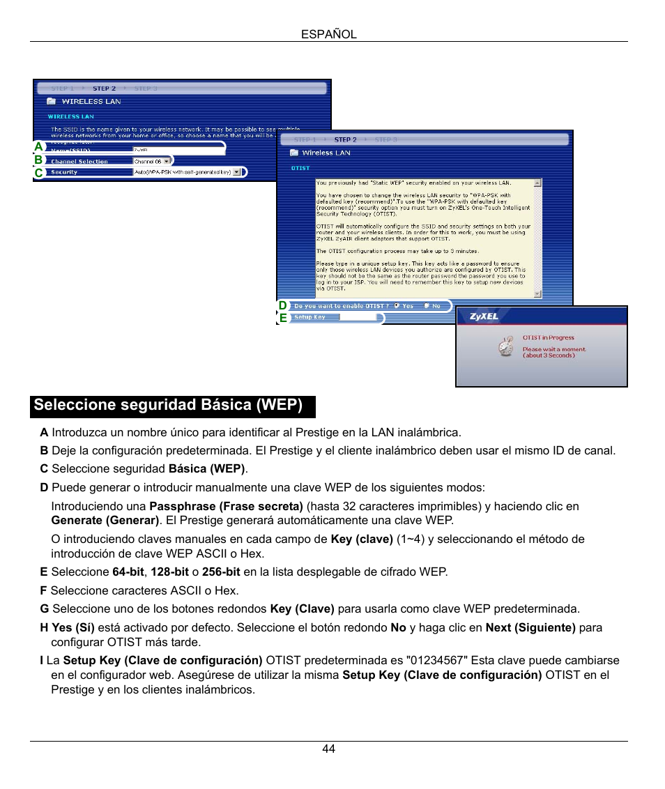 Seleccione seguridad básica (wep) | ZyXEL Communications 802.11G WIRELESS P-334WT User Manual | Page 44 / 112