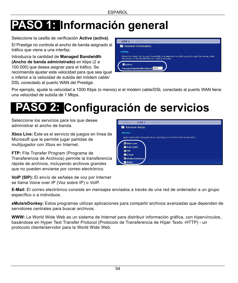 Información general configuración de servicios, Paso 1: paso 2 | ZyXEL Communications 802.11G WIRELESS P-334WT User Manual | Page 54 / 112