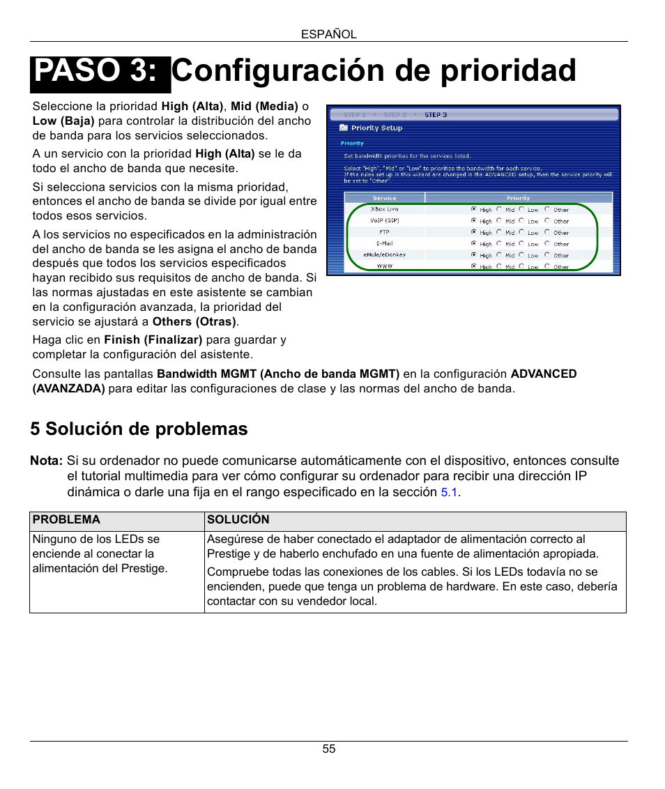 Configuración de prioridad, Paso 3, 5 solución de problemas | ZyXEL Communications 802.11G WIRELESS P-334WT User Manual | Page 55 / 112