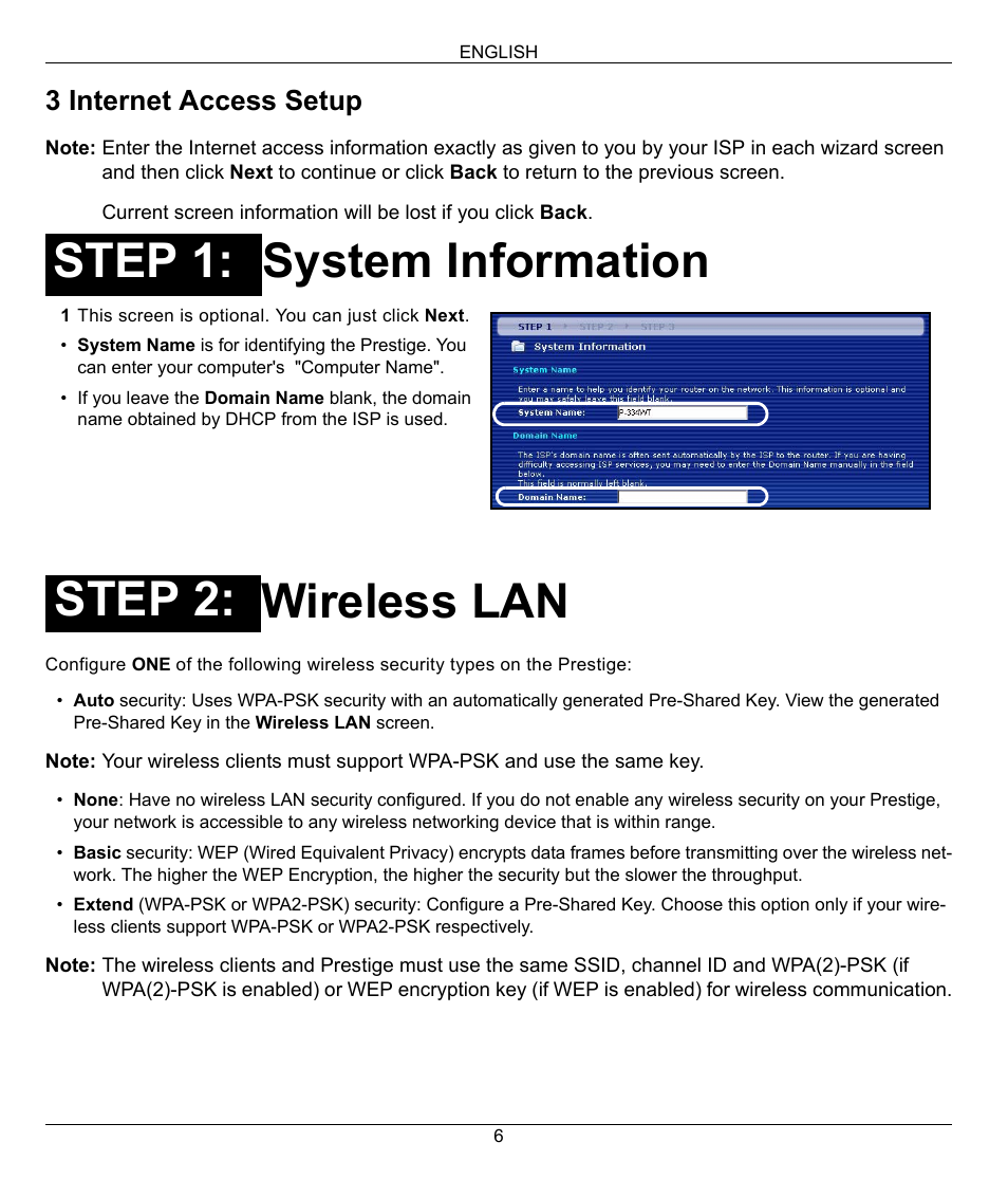 System information wireless lan, Step 1: step 2, 3 internet access setup | ZyXEL Communications 802.11G WIRELESS P-334WT User Manual | Page 6 / 112