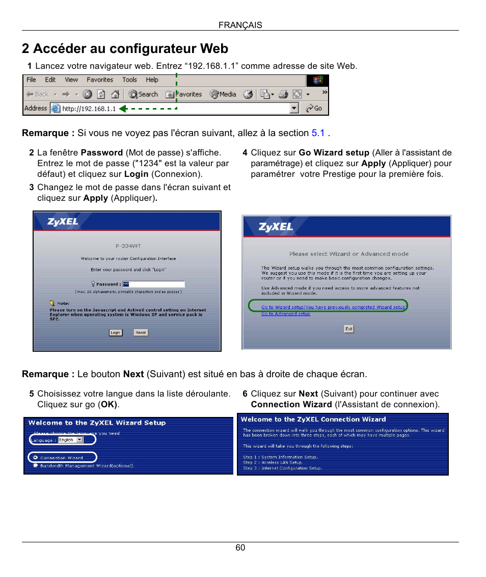 2 accéder au configurateur web | ZyXEL Communications 802.11G WIRELESS P-334WT User Manual | Page 60 / 112