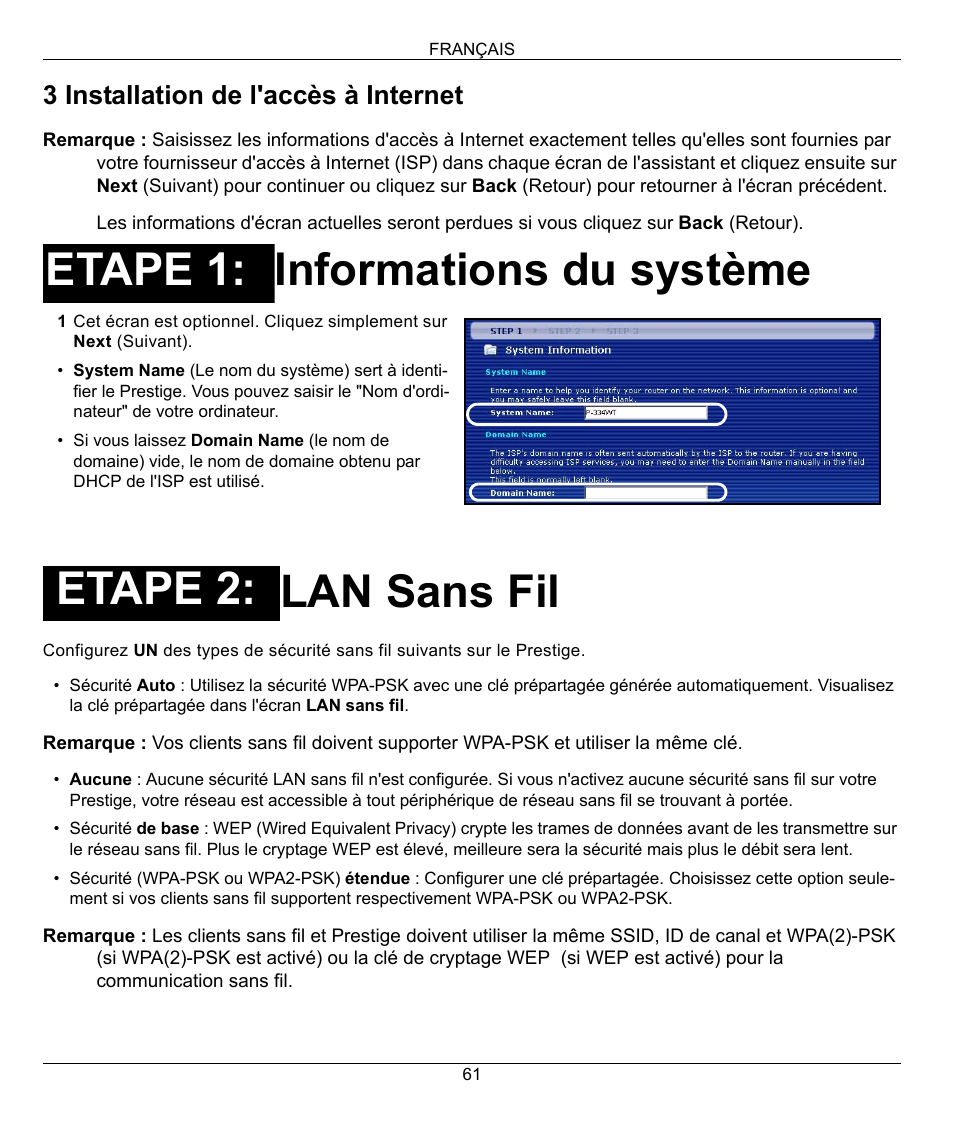 Informations du système lan sans fil, Etape 1: etape 2, 3 installation de l'accès à internet | ZyXEL Communications 802.11G WIRELESS P-334WT User Manual | Page 61 / 112