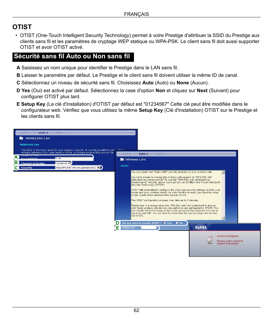 Otist, Sécurité sans fil auto ou non sans fil | ZyXEL Communications 802.11G WIRELESS P-334WT User Manual | Page 62 / 112