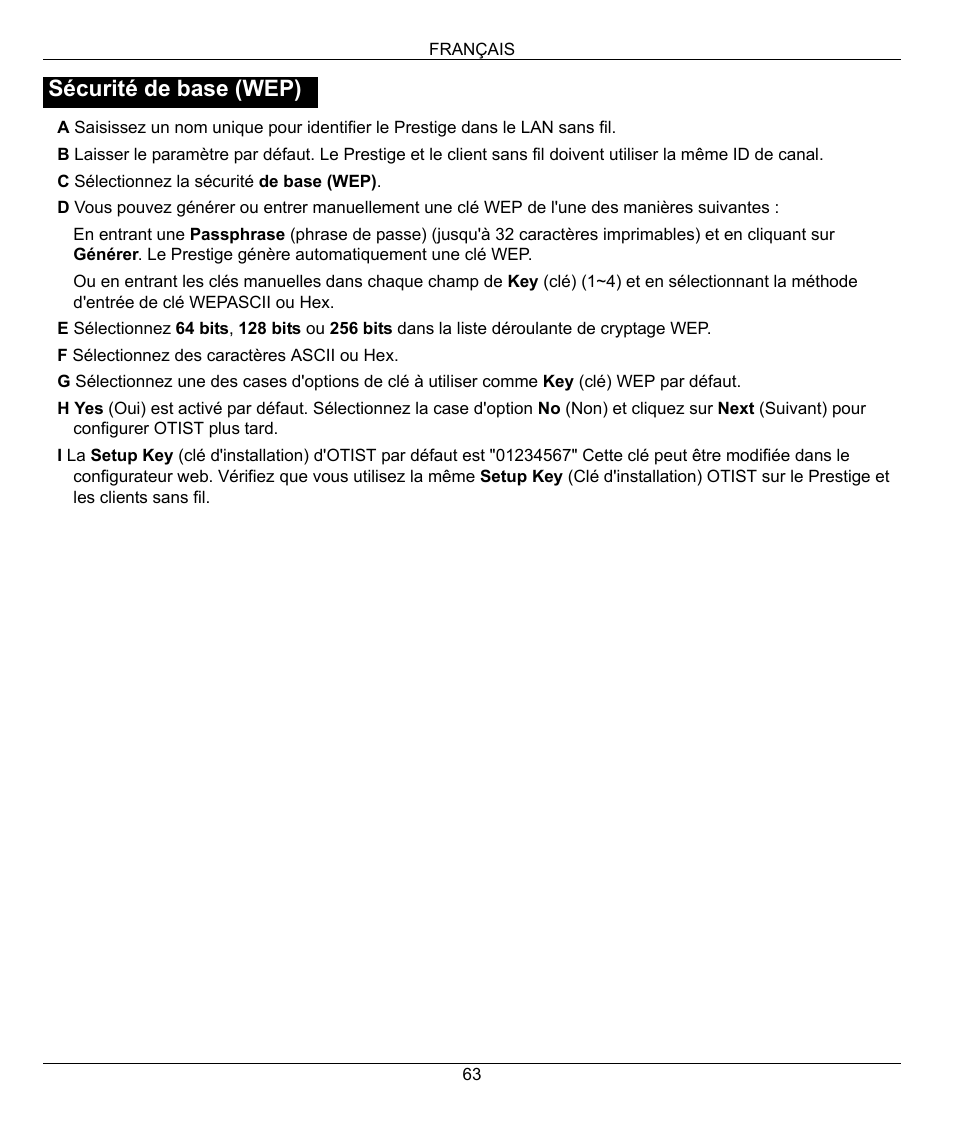 Sécurité de base (wep) | ZyXEL Communications 802.11G WIRELESS P-334WT User Manual | Page 63 / 112