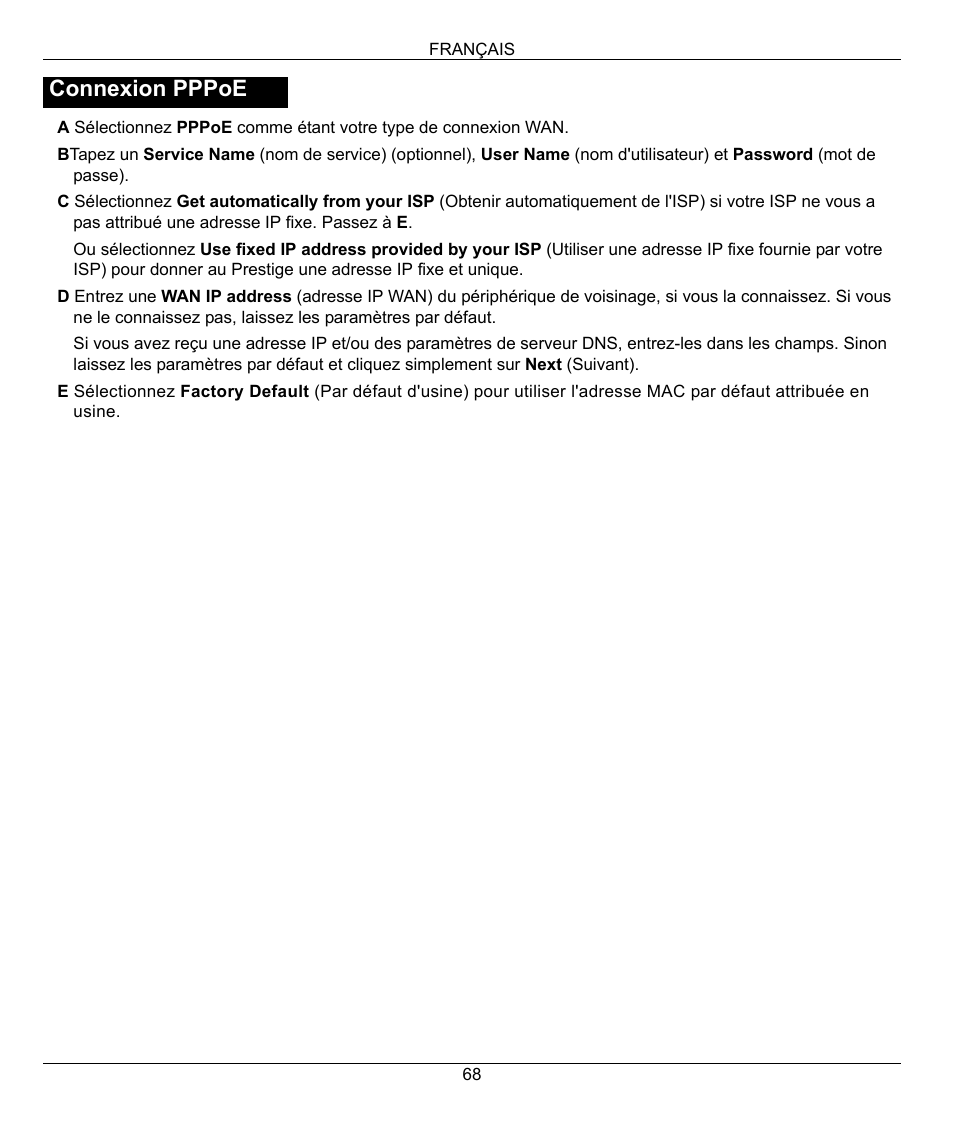 Connexion pppoe | ZyXEL Communications 802.11G WIRELESS P-334WT User Manual | Page 68 / 112