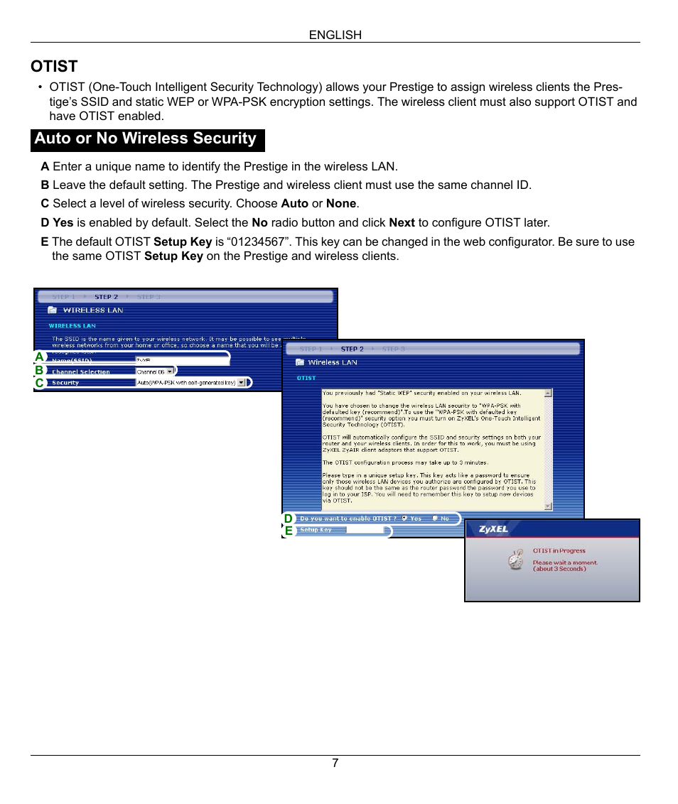 Otist, Auto or no wireless security | ZyXEL Communications 802.11G WIRELESS P-334WT User Manual | Page 7 / 112