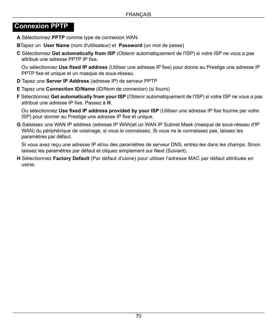 Connexion pptp | ZyXEL Communications 802.11G WIRELESS P-334WT User Manual | Page 70 / 112