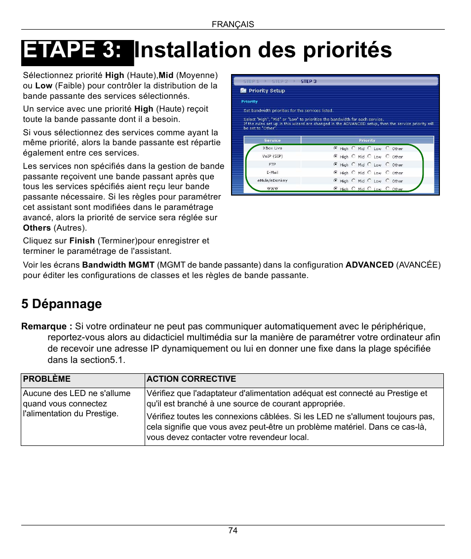 Installation des priorités, Etape 3 | ZyXEL Communications 802.11G WIRELESS P-334WT User Manual | Page 74 / 112