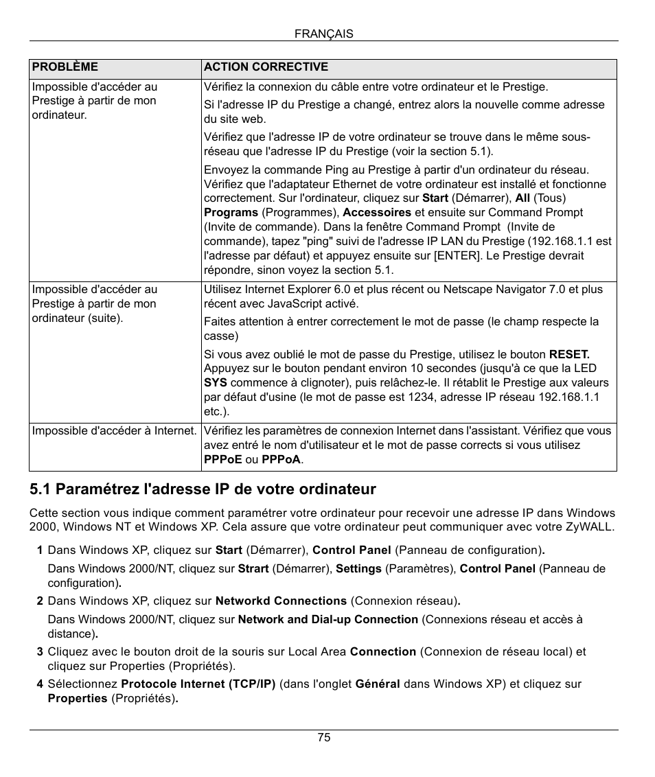 1 paramétrez l'adresse ip de votre ordinateur | ZyXEL Communications 802.11G WIRELESS P-334WT User Manual | Page 75 / 112