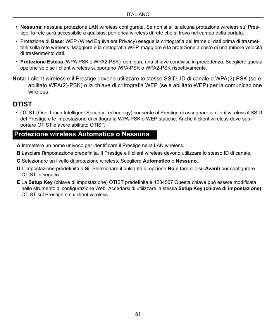 Otist, Protezione wireless automatica o nessuna | ZyXEL Communications 802.11G WIRELESS P-334WT User Manual | Page 81 / 112
