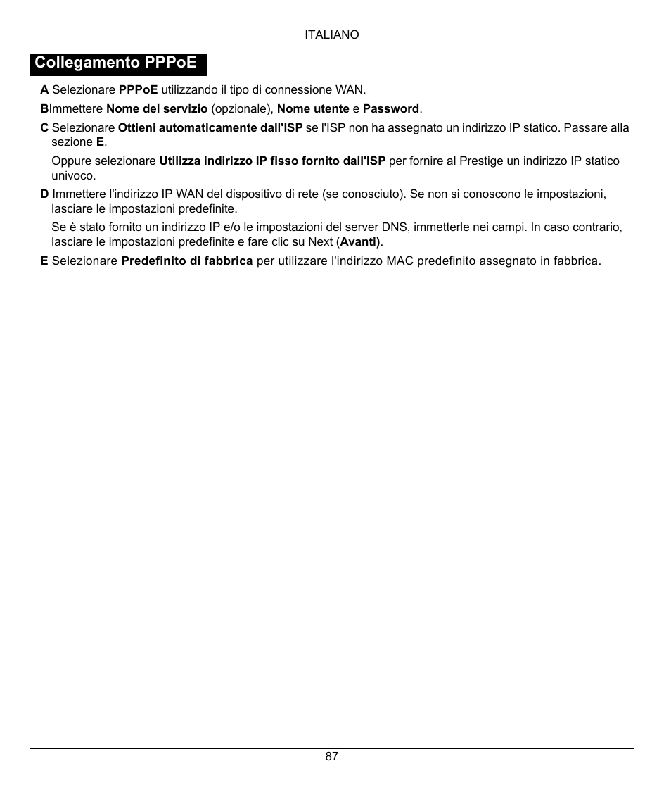 Collegamento pppoe | ZyXEL Communications 802.11G WIRELESS P-334WT User Manual | Page 87 / 112