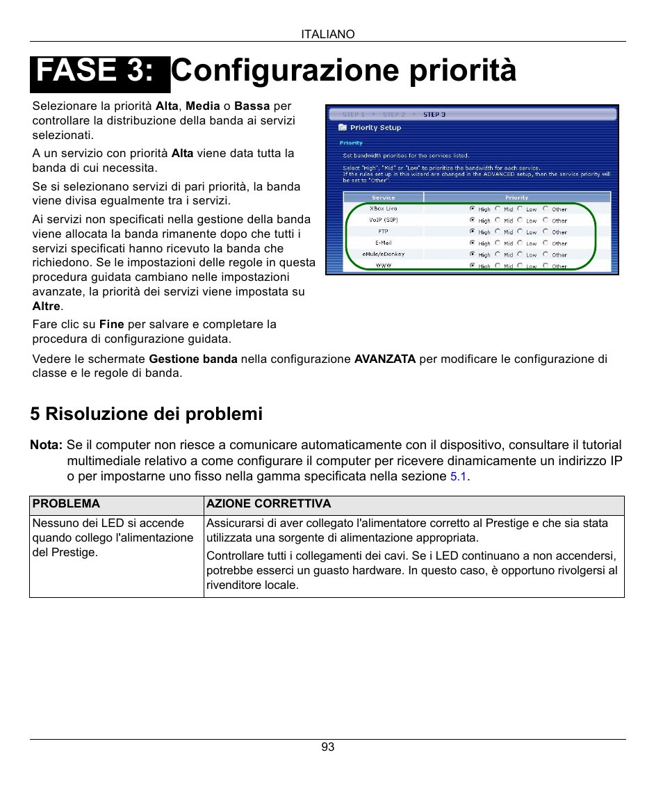 Configurazione priorità, Fase 3, 5 risoluzione dei problemi | ZyXEL Communications 802.11G WIRELESS P-334WT User Manual | Page 93 / 112