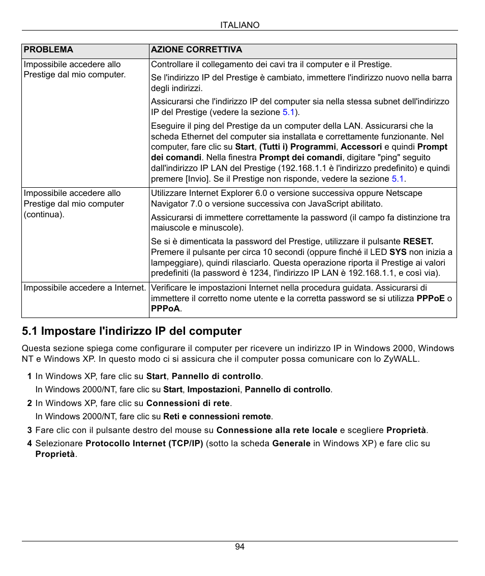 1 impostare l'indirizzo ip del computer | ZyXEL Communications 802.11G WIRELESS P-334WT User Manual | Page 94 / 112
