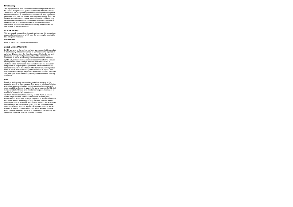 Fcc warning, Ce mark warning, Zyxel limited warranty | Note | ZyXEL Communications FN-300 Series User Manual | Page 3 / 3