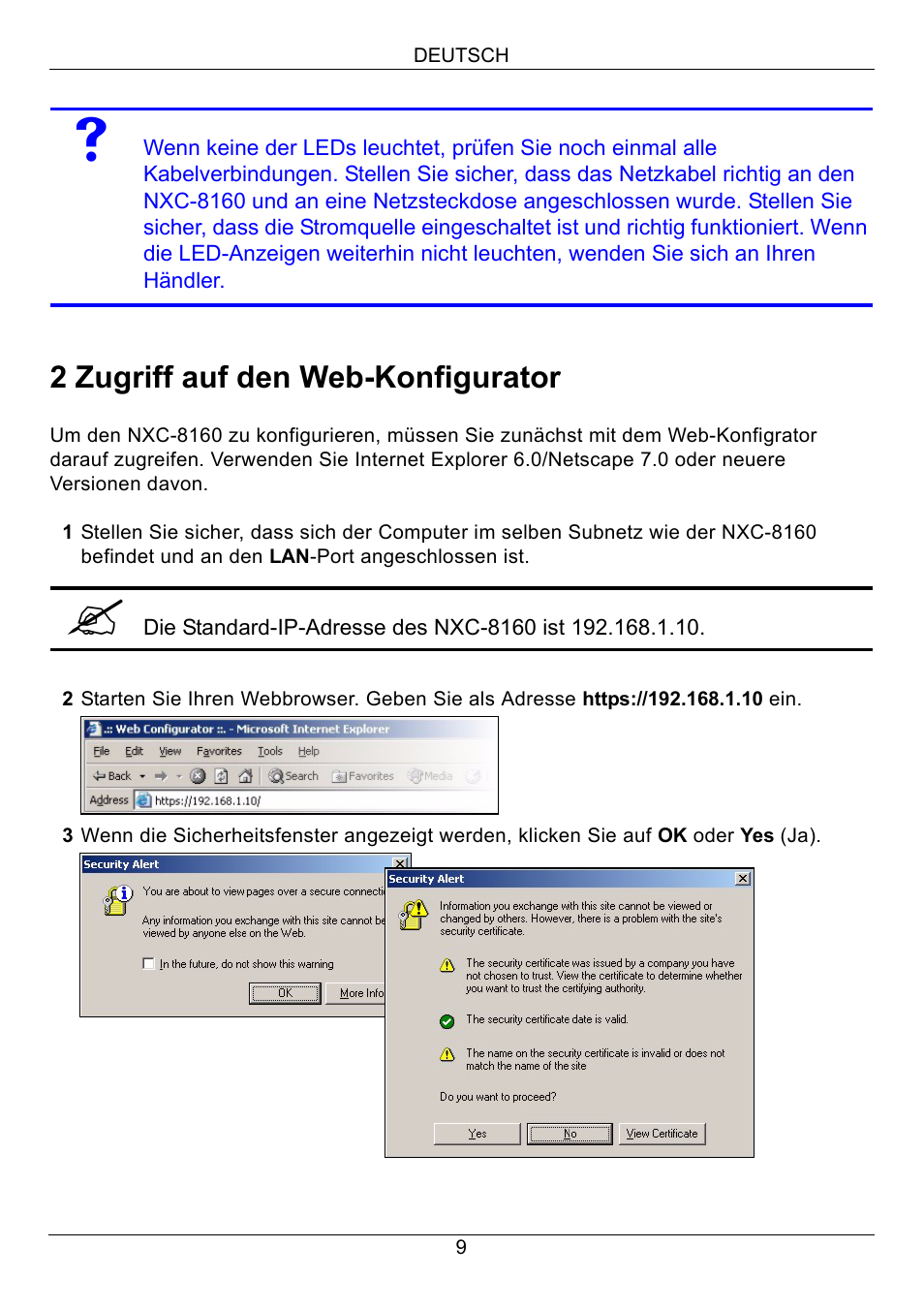 2 zugriff auf den web-konfigurator | ZyXEL Communications Network Device NXC-8160s User Manual | Page 10 / 67
