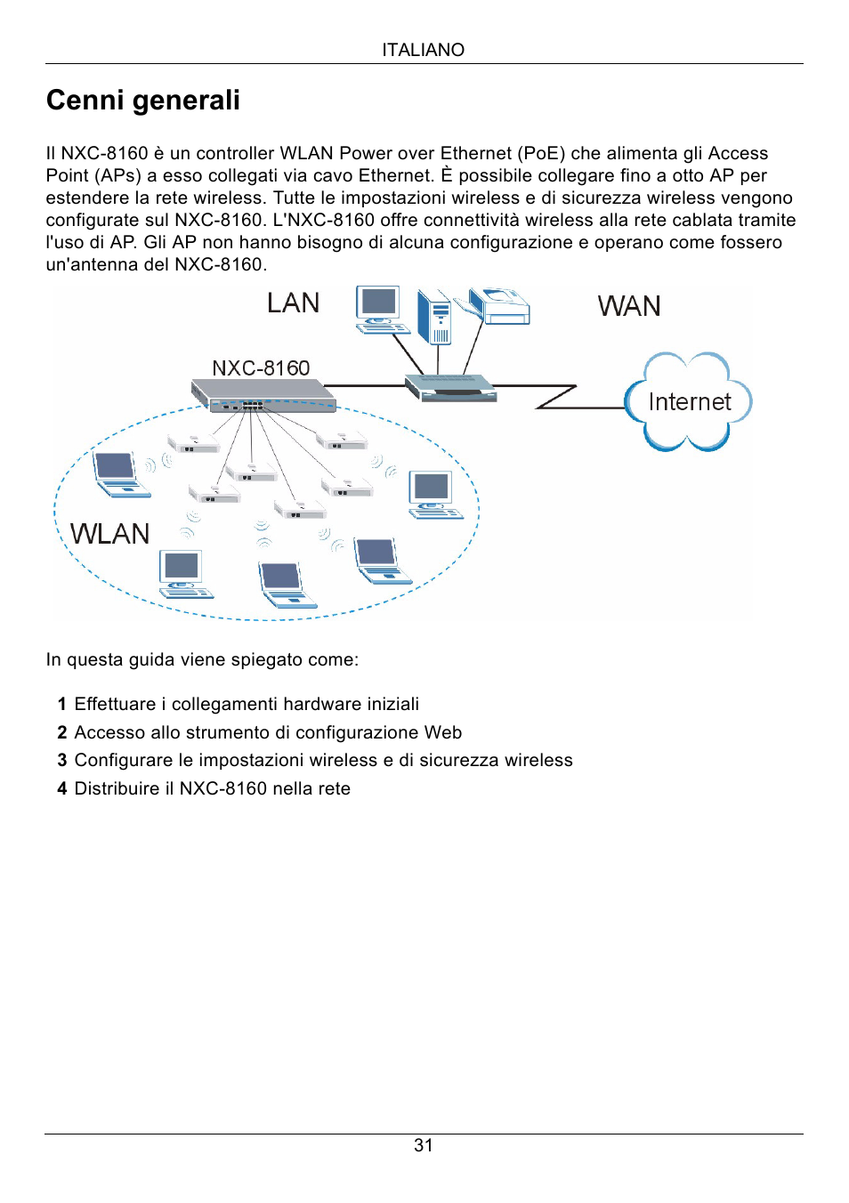 Italiano, Cenni generali | ZyXEL Communications Network Device NXC-8160s User Manual | Page 32 / 67