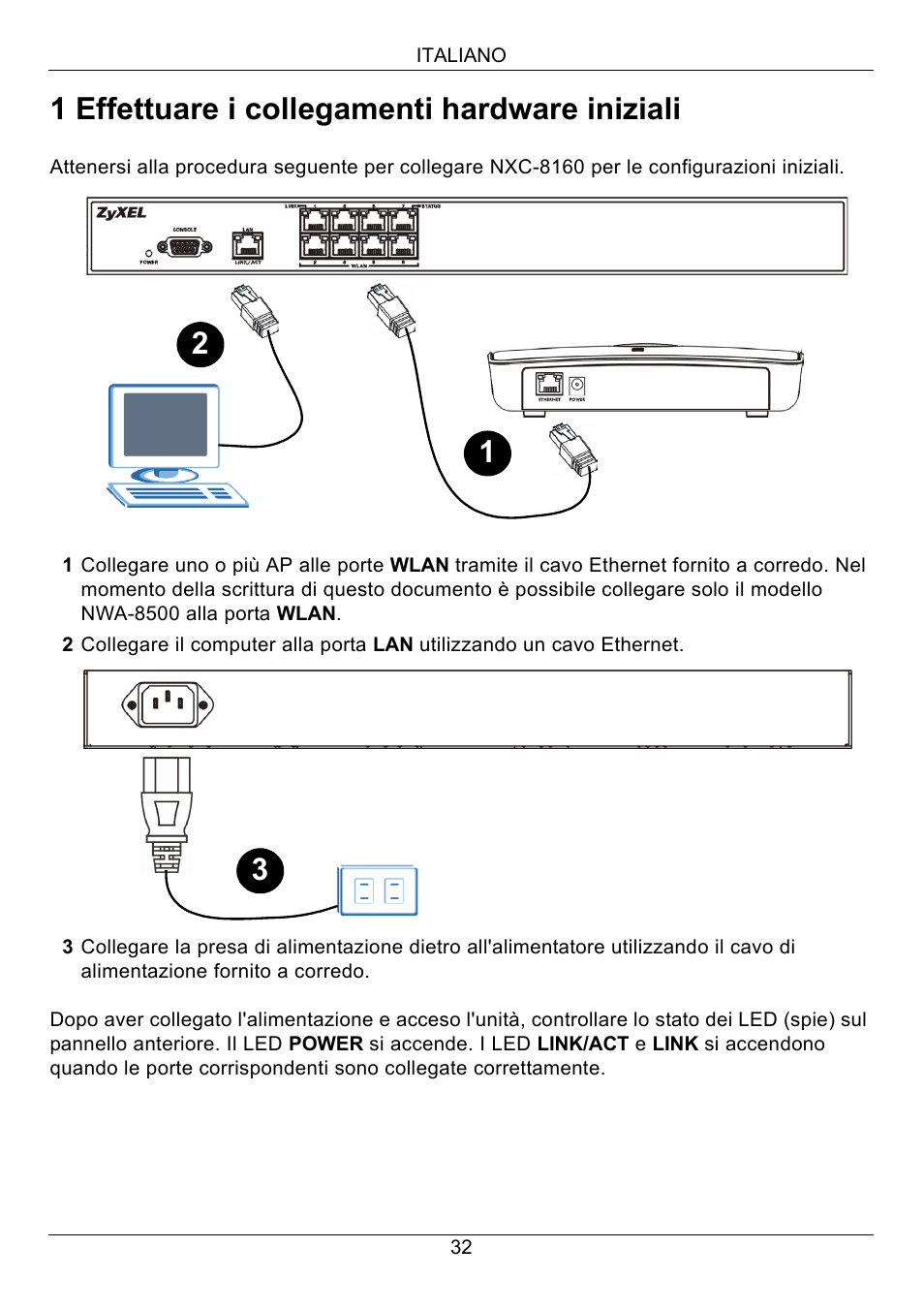 1 effettuare i collegamenti hardware iniziali | ZyXEL Communications Network Device NXC-8160s User Manual | Page 33 / 67