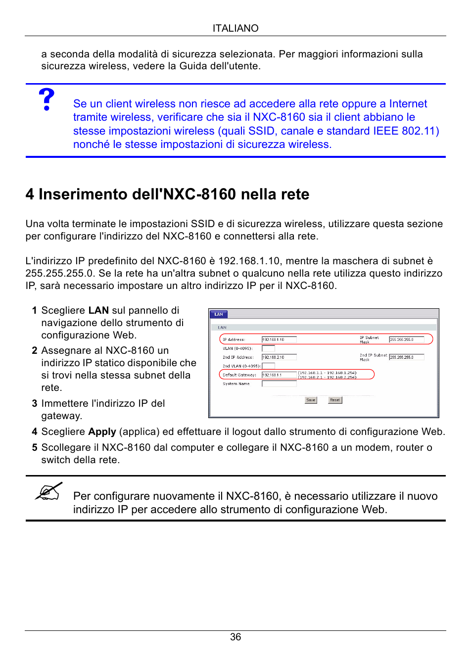 4 inserimento dell'nxc-8160 nella rete | ZyXEL Communications Network Device NXC-8160s User Manual | Page 37 / 67