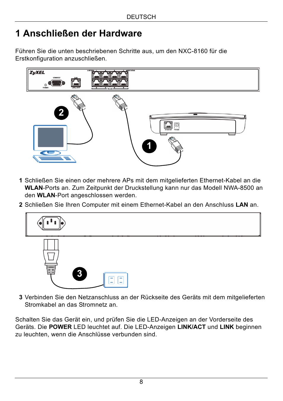 1 anschließen der hardware | ZyXEL Communications Network Device NXC-8160s User Manual | Page 9 / 67