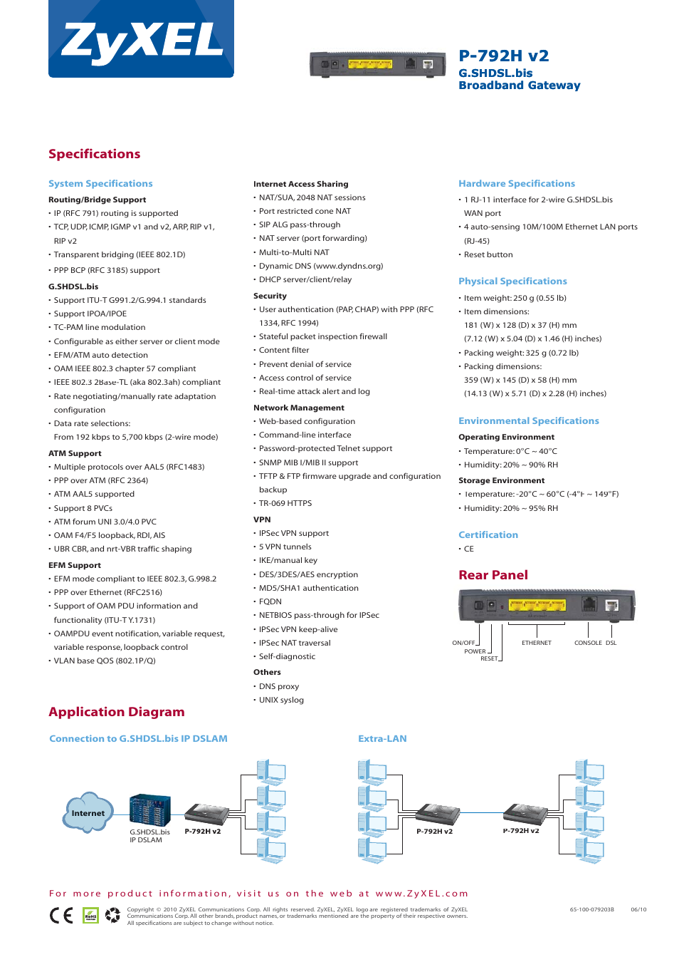 P-792h v2, Rear panel specifications application diagram | ZyXEL Communications P-792H v2 User Manual | Page 2 / 2