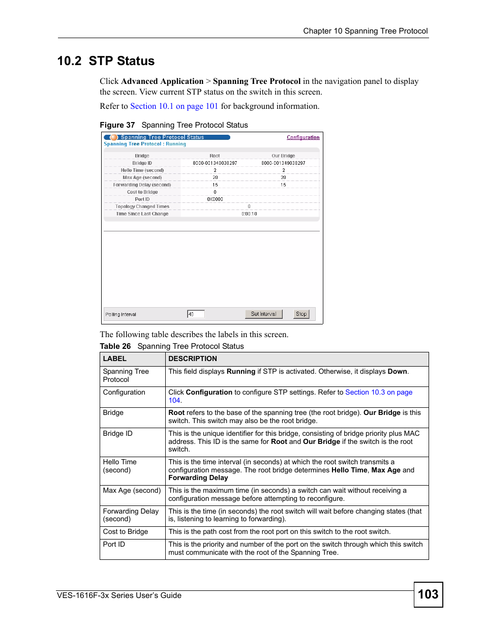 2 stp status, Figure 37 spanning tree protocol status, Table 26 spanning tree protocol status | ZyXEL Communications VDSL SWITCH VES-1616F-3X User Manual | Page 103 / 310