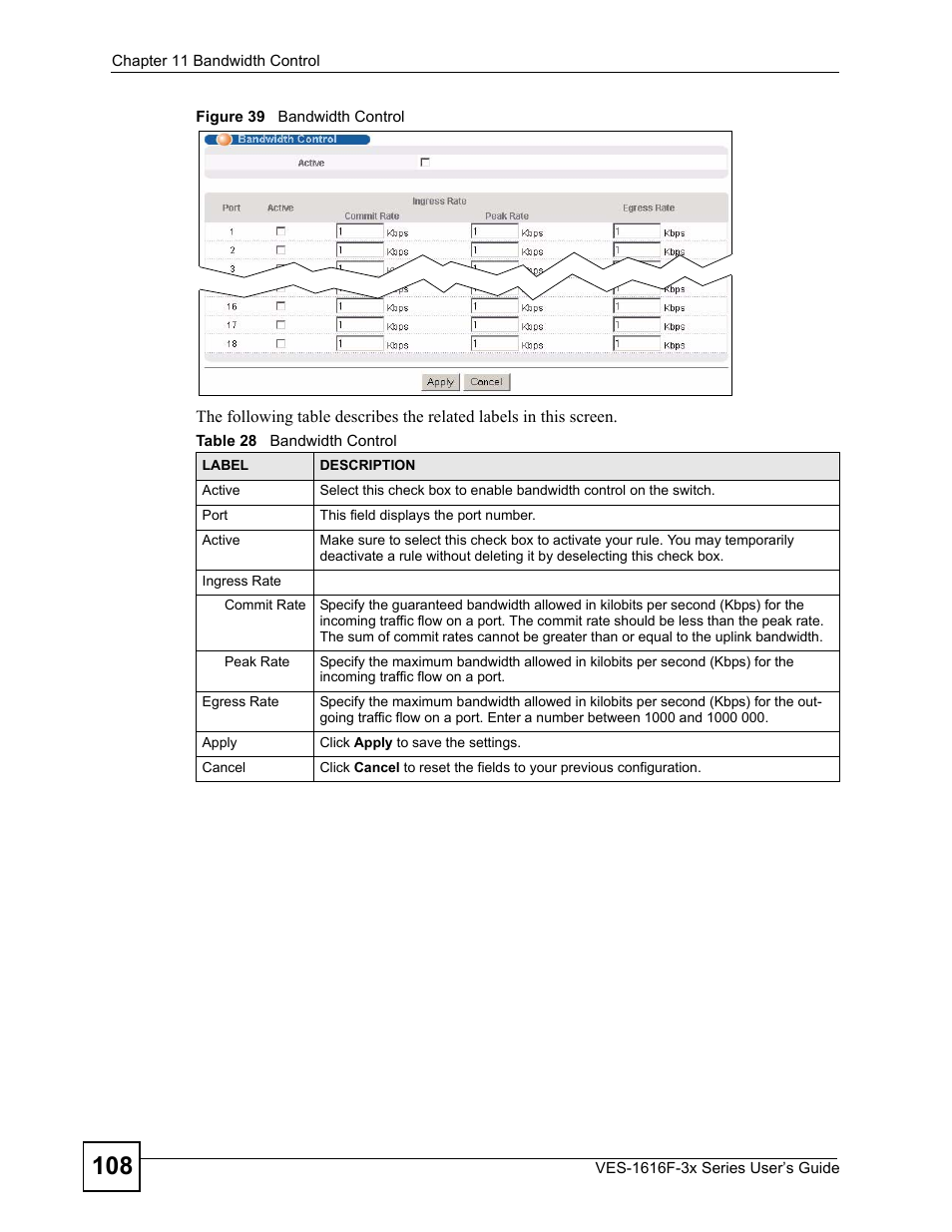 Figure 39 bandwidth control, Table 28 bandwidth control | ZyXEL Communications VDSL SWITCH VES-1616F-3X User Manual | Page 108 / 310