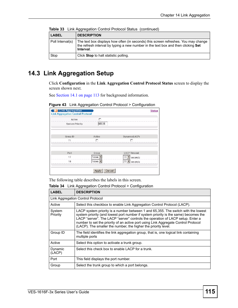 3 link aggregation setup | ZyXEL Communications VDSL SWITCH VES-1616F-3X User Manual | Page 115 / 310