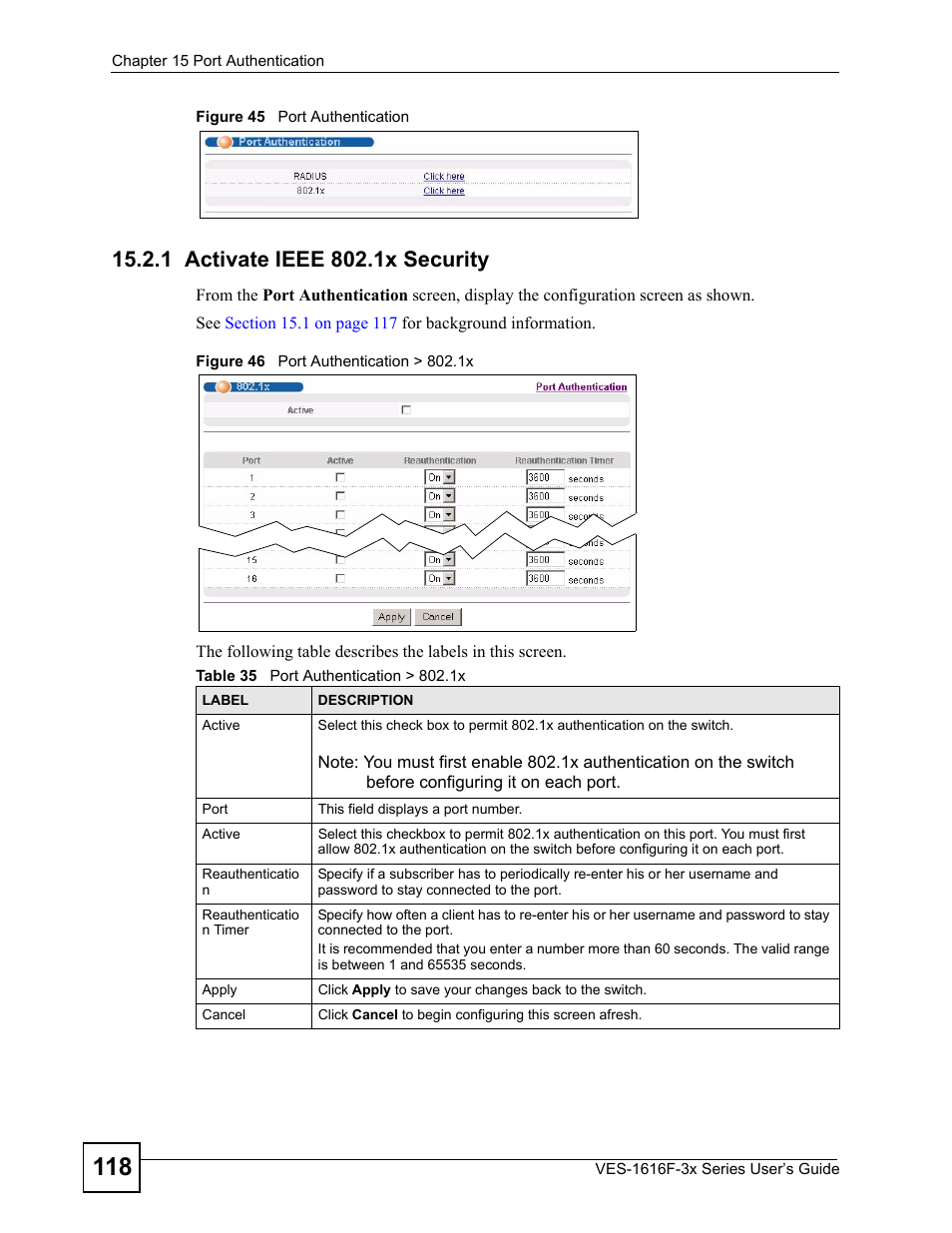 1 activate ieee 802.1x security, Table 35 port authentication > 802.1x | ZyXEL Communications VDSL SWITCH VES-1616F-3X User Manual | Page 118 / 310