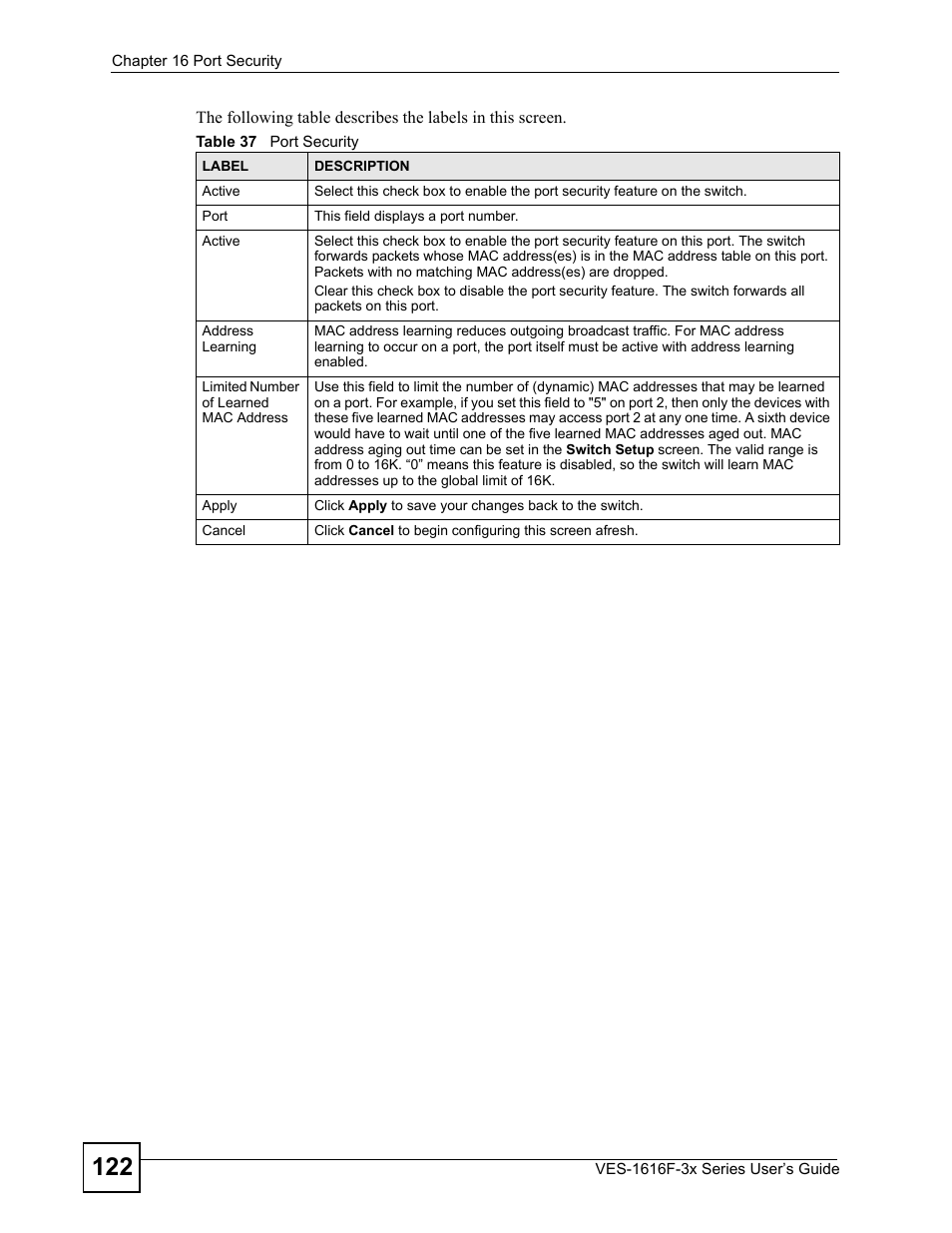 Table 37 port security | ZyXEL Communications VDSL SWITCH VES-1616F-3X User Manual | Page 122 / 310