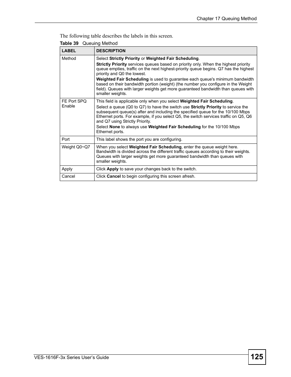 Table 39 queuing method | ZyXEL Communications VDSL SWITCH VES-1616F-3X User Manual | Page 125 / 310