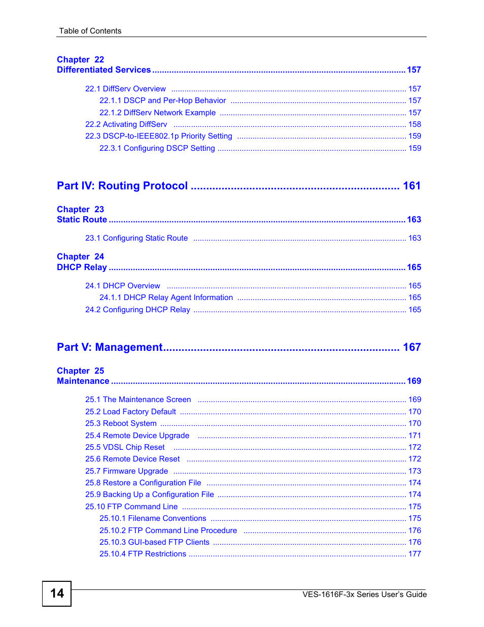 Part iv: routing protocol, Part v: management | ZyXEL Communications VDSL SWITCH VES-1616F-3X User Manual | Page 14 / 310