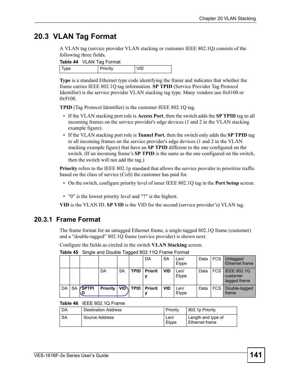 3 vlan tag format, 1 frame format | ZyXEL Communications VDSL SWITCH VES-1616F-3X User Manual | Page 141 / 310