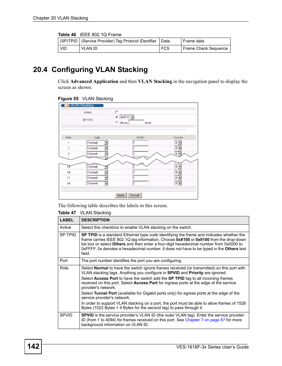 4 configuring vlan stacking, Figure 55 vlan stacking, Table 47 vlan stacking | ZyXEL Communications VDSL SWITCH VES-1616F-3X User Manual | Page 142 / 310