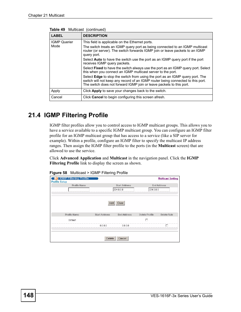 4 igmp filtering profile, Figure 58 multicast > igmp filtering profile | ZyXEL Communications VDSL SWITCH VES-1616F-3X User Manual | Page 148 / 310