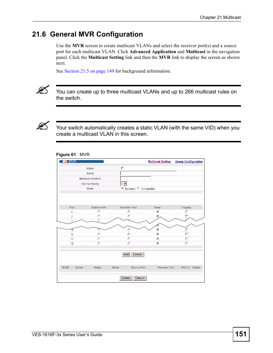 6 general mvr configuration, Figure 61 mvr | ZyXEL Communications VDSL SWITCH VES-1616F-3X User Manual | Page 151 / 310