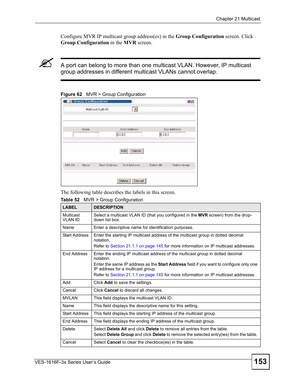 Figure 62 mvr > group configuration, Table 52 mvr > group configuration | ZyXEL Communications VDSL SWITCH VES-1616F-3X User Manual | Page 153 / 310