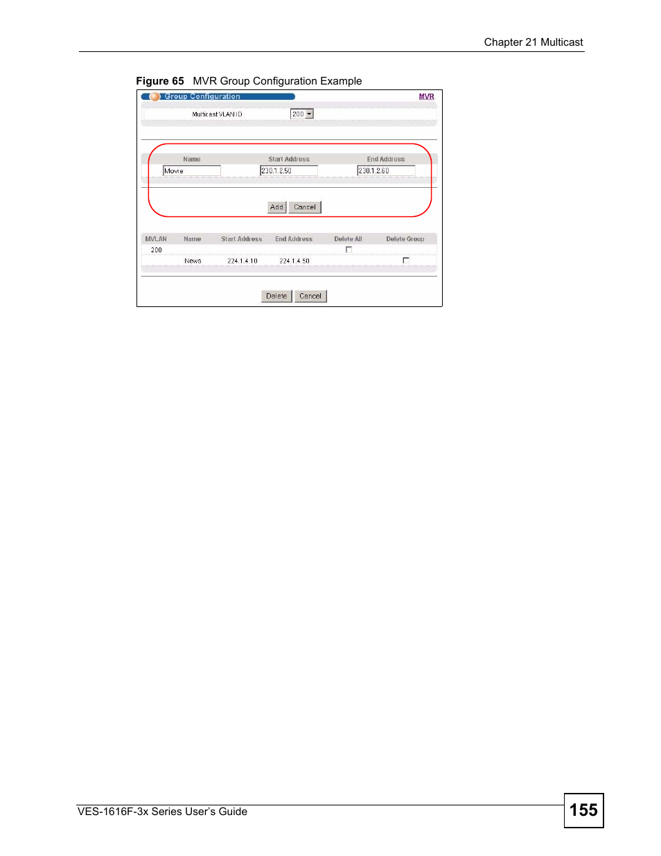 Figure 65 mvr group configuration example | ZyXEL Communications VDSL SWITCH VES-1616F-3X User Manual | Page 155 / 310