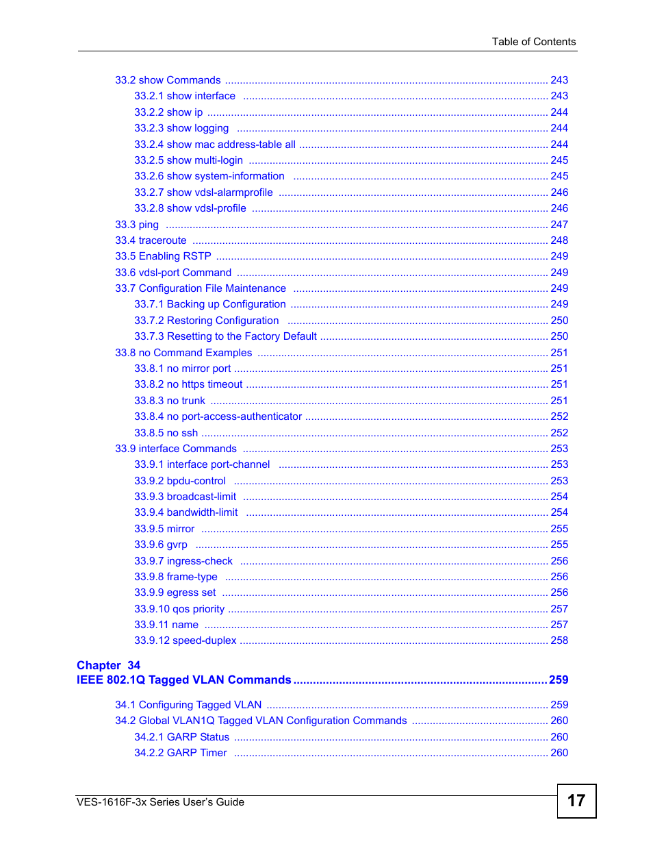 ZyXEL Communications VDSL SWITCH VES-1616F-3X User Manual | Page 17 / 310