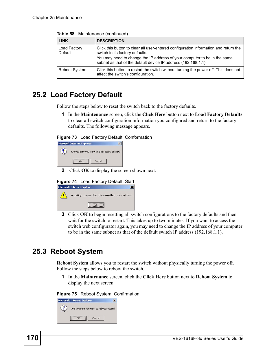 2 load factory default, 3 reboot system, 2 load factory default 25.3 reboot system | ZyXEL Communications VDSL SWITCH VES-1616F-3X User Manual | Page 170 / 310